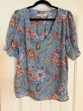 LOFT Sky Blue Floral V-Neck Short Puff Sleeve Blouse